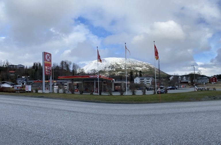The gas station, Circle K, in Korgen on a cloudy day seen from the main road, the E6 passing right by.