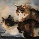 Painting of two brown/black furred cats, painted by artist Hilde Strand.