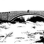 Black-and-white drawing of the bridge crossing the waterfall, Sjøforsen, made by Tore Furuhatt.