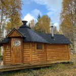 Small wooden building surrounded by birches