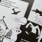 Book page with black and white drawings, cartoon style, telling the story of Hemnesberget in World War 2.