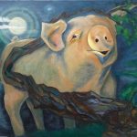 Painting of a pig in moonlight, by the the artist Grete Velsvåg.